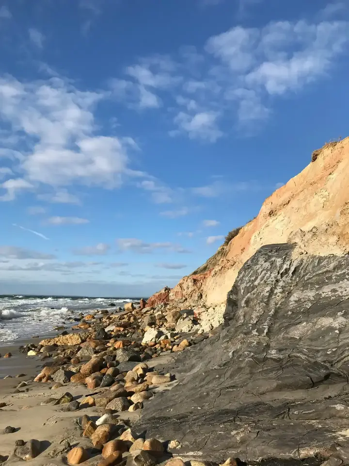 The Aquinnah clay cliffs rising above the boulder beach