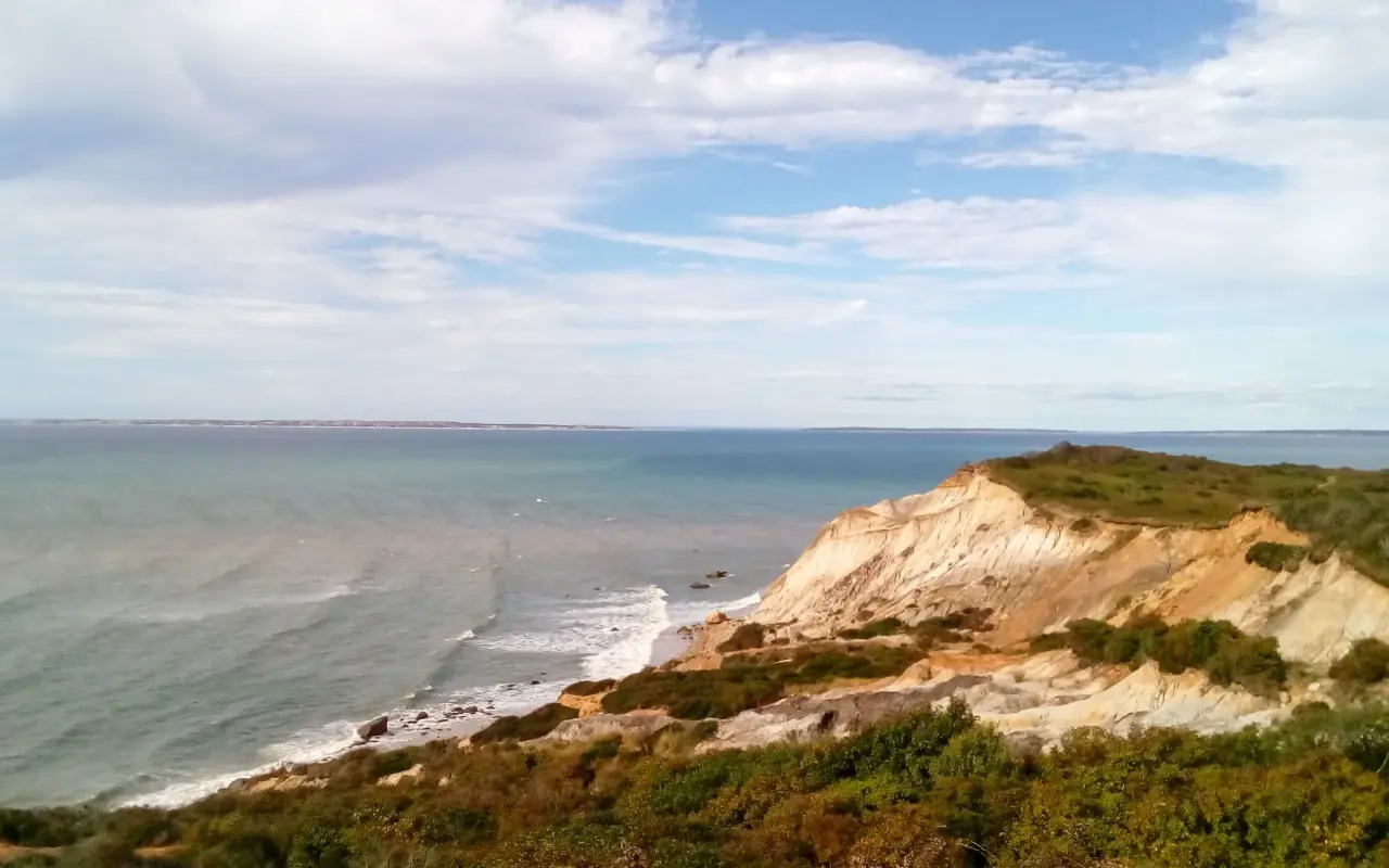 Clay cliffs at Aquinnah seen from above with the sea beyond
