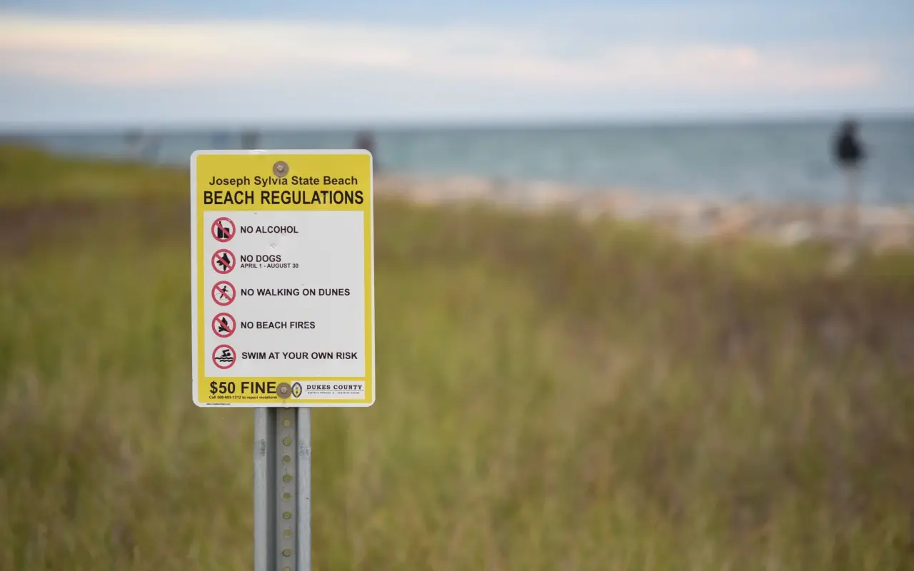 The beach regulations sign in the dune grass at Joseph Sylvia State Beach