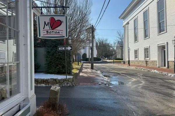 MV Botiga's sign on Church Street in winter-quiet Edgartown