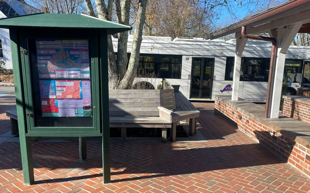 VTA bus shelter with a posted route map on Church Street in Edgartown