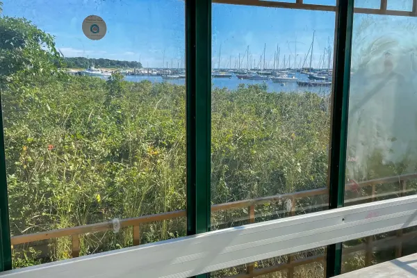 The bus shelter at the Vineyard Haven terminal, looking over the harbor.