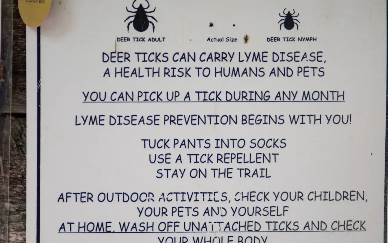 Caution deer tick habitat sign at a Martha's Vineyard trailhead