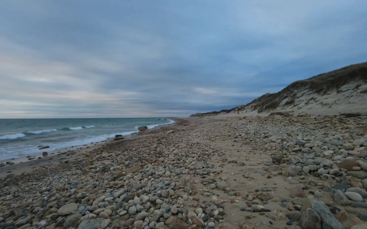 The bluff and the stony Vineyard Sound shore at the bottom of the loop.
