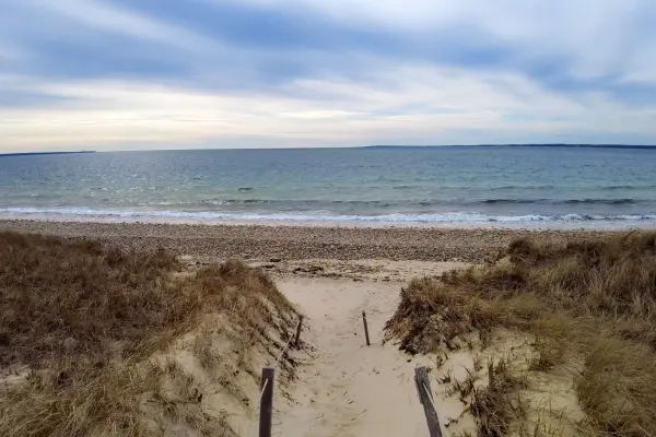 Sandy path between grassy dunes down to the beach at Cedar Tree Neck