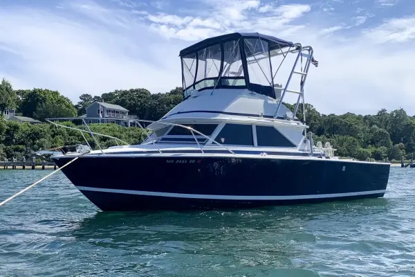 A restored Bertram charter boat at anchor off Oak Bluffs