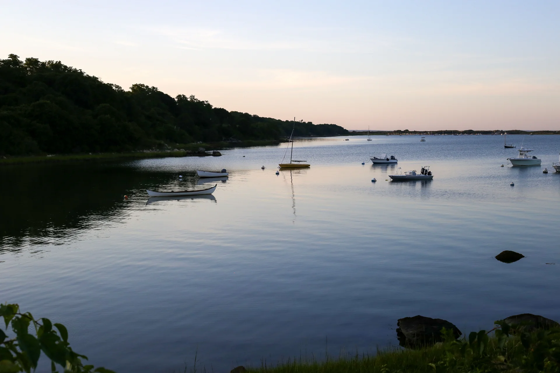 Boats moored in a calm Chilmark cove