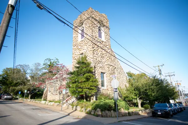Stone church tower on a Vineyard Haven street corner