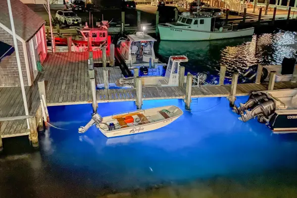 Boats at the town dock on a blue evening
