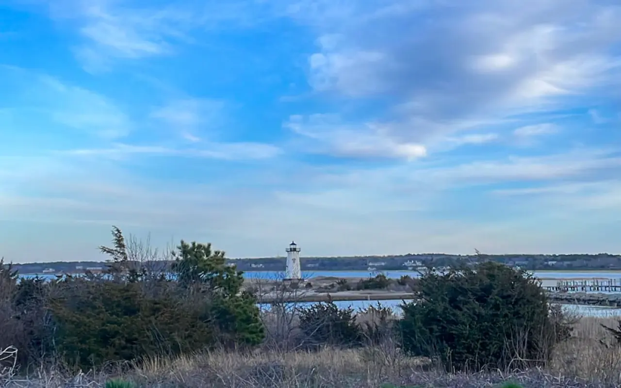 A bench above Lighthouse Beach looking over Edgartown Harbor