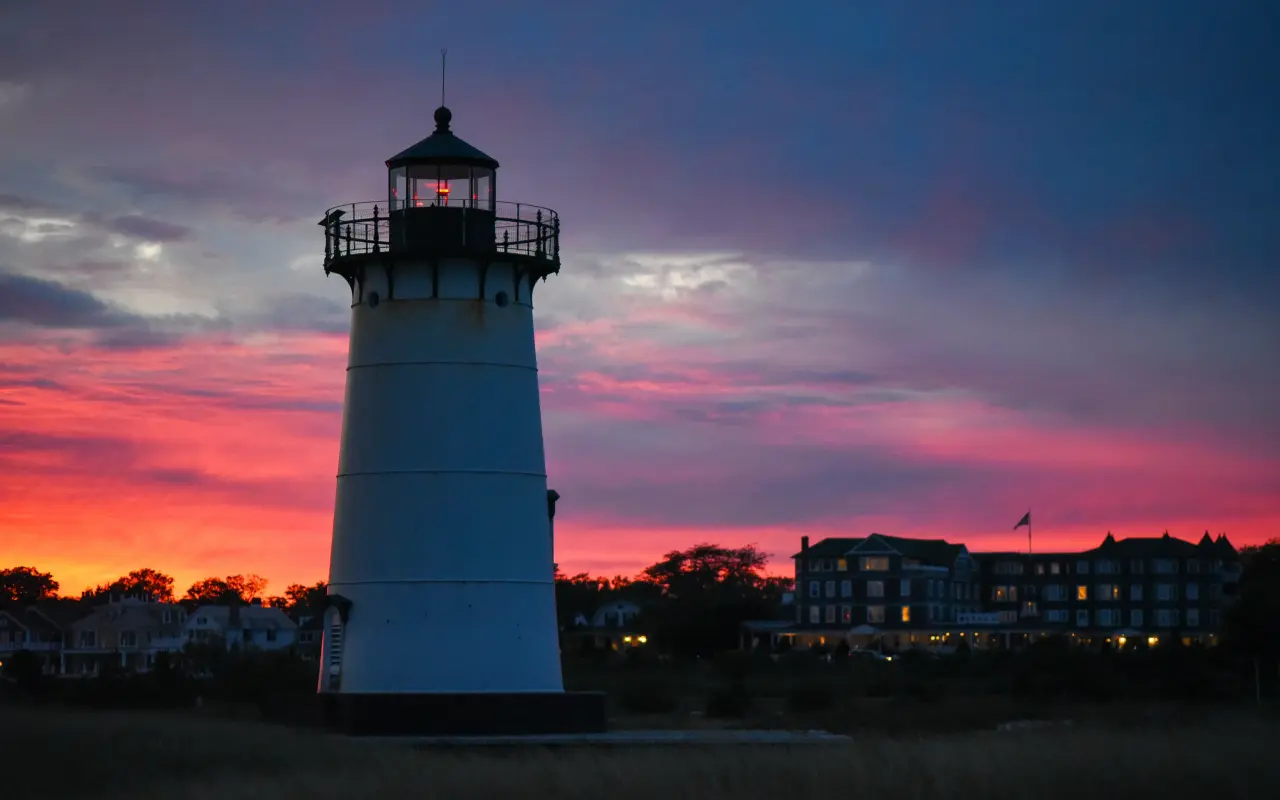 Edgartown Lighthouse at golden hour overlooking the harbor