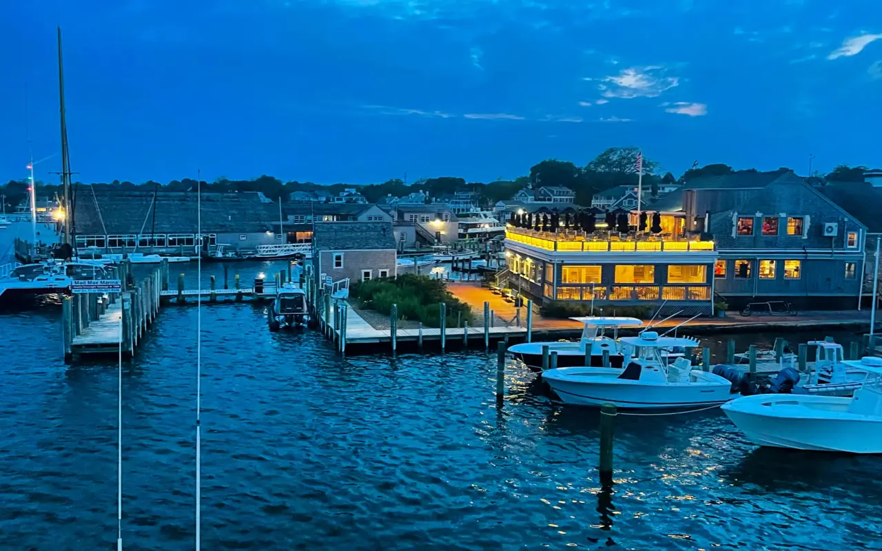 Summer night in Edgartown with historic buildings and lights