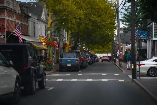 Shops and parked cars along Main Street, Edgartown