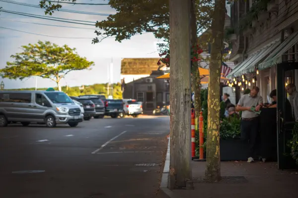 Evening street scene outside a downtown Edgartown restaurant