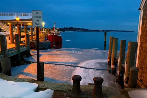 A dock in Edgartown at winter dusk.