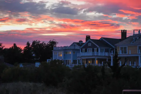 Pink sunset sky over Edgartown waterfront homes