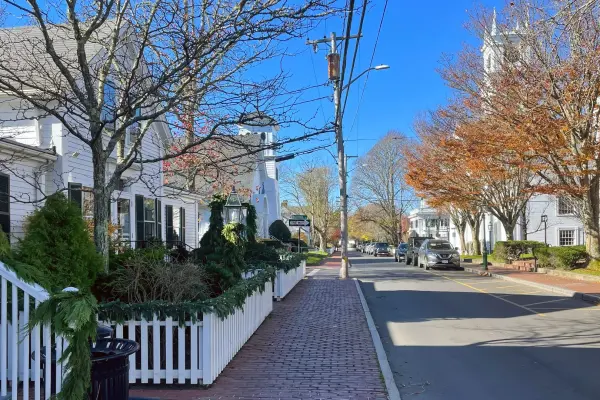 Quiet November streets and picket fences in Edgartown