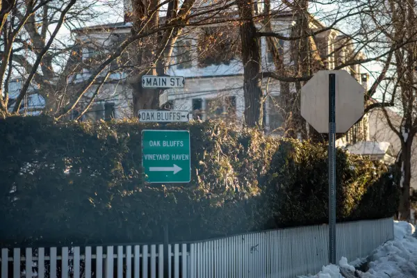 Street signs point to Oak Bluffs and Vineyard Haven, Edgartown