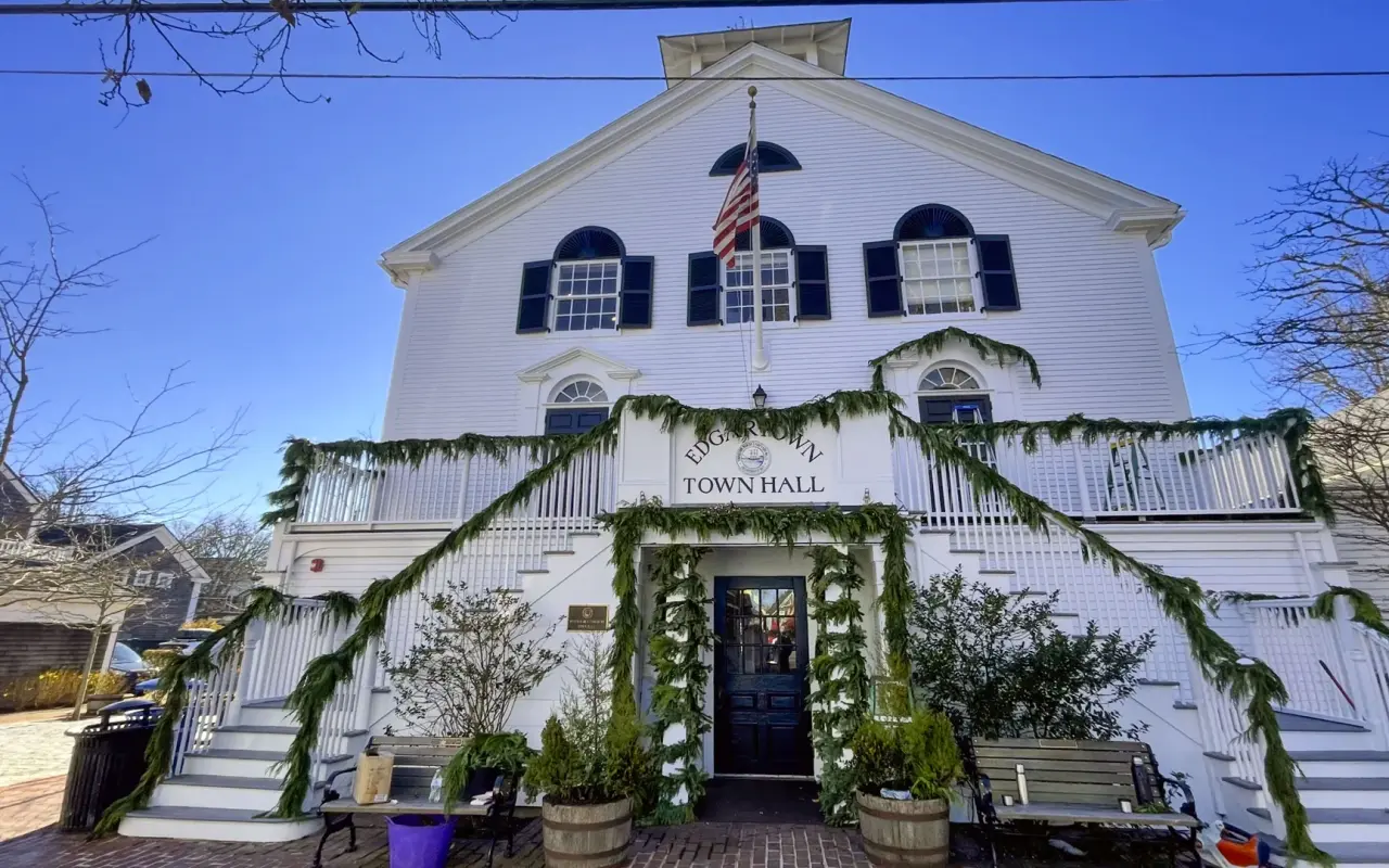 Edgartown Town Hall decorated with garlands in November