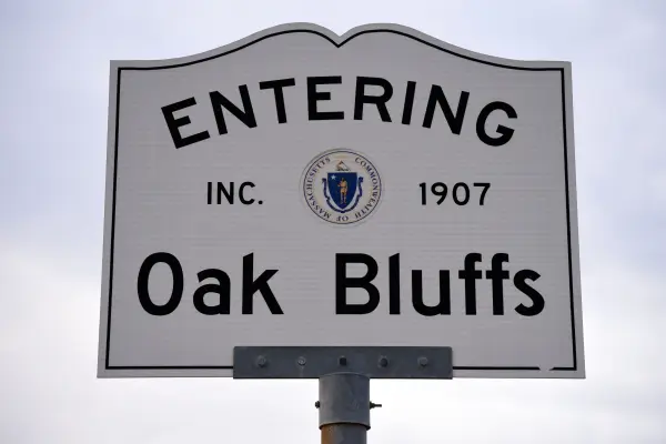 The Entering Oak Bluffs town line sign, incorporated 1907