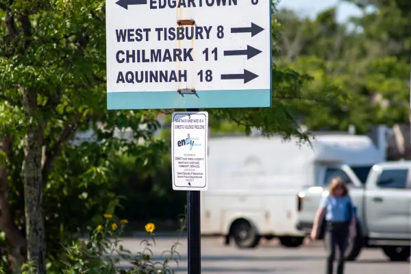 Town mileage sign at Five Corners in Vineyard Haven