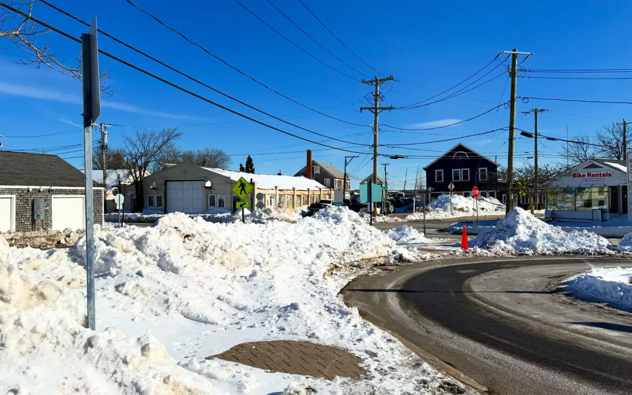 Five Corners in Vineyard Haven during a January snowfall