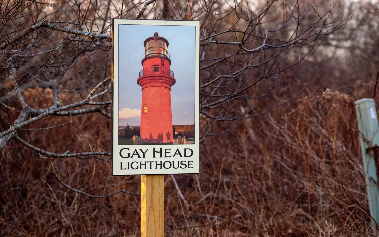 Wooden sign with a picture of the red brick lighthouse standing among leafless shrubs in Aquinnah