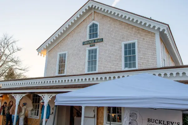Vendor tent set up outside the Grange Hall in West Tisbury