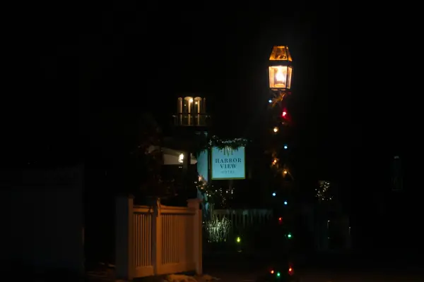 The Harbor View Hotel sign lit for the holidays.