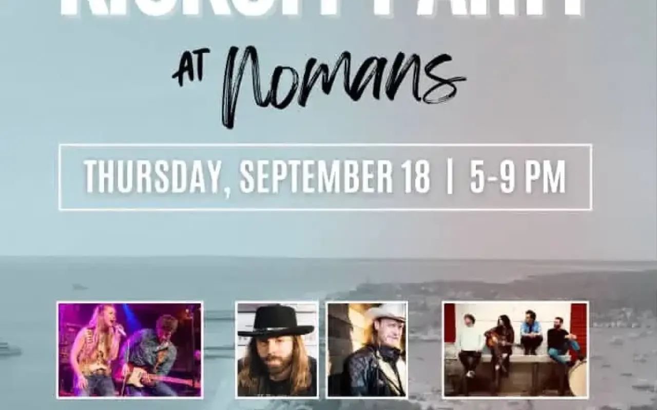 Evening crowd under string lights at Nomans outdoor venue on Marthas Vineyard