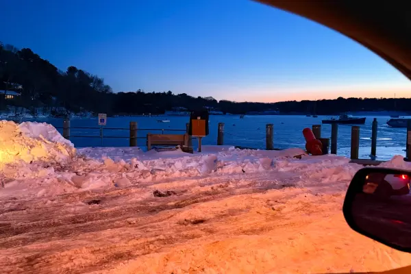 Snow and pink light at the Tashmoo landing