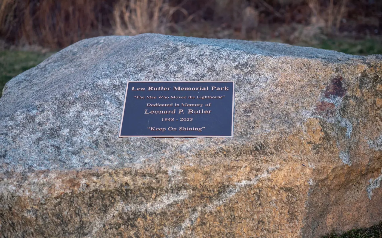 Bronze plaque on a boulder at Len Butler Memorial Park in Aquinnah