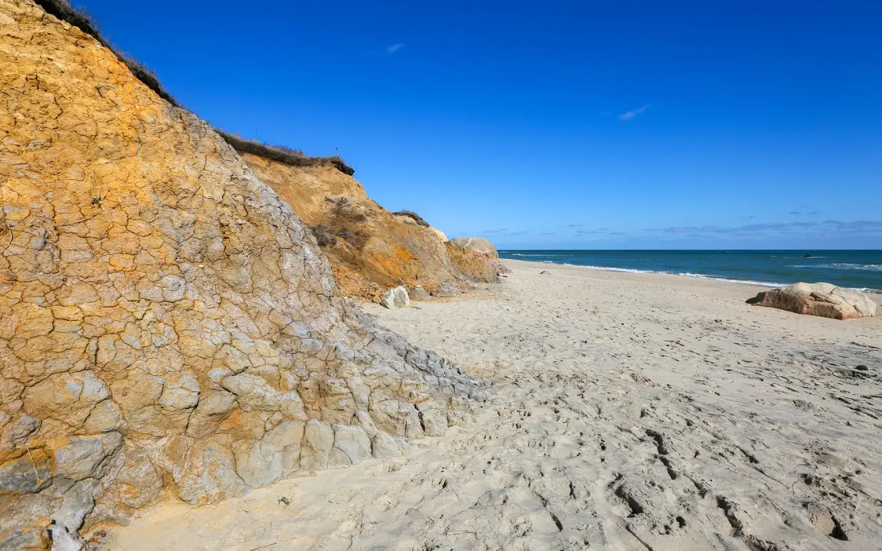 The cracked clay bank running down to the shoreline
