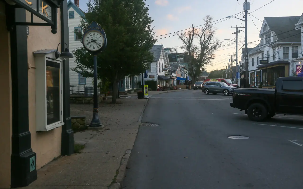 Main Street in Vineyard Haven at dusk with the bookstore clock