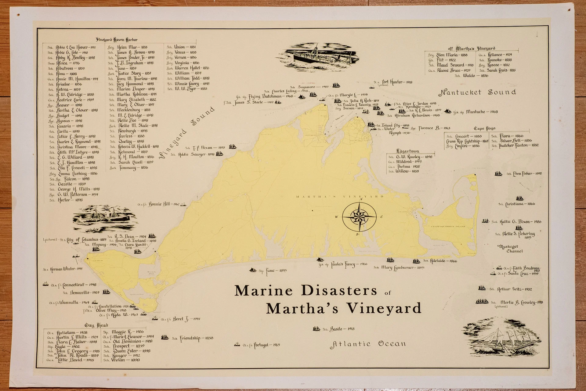 A vintage 1970 map titled “Marine Disasters of Martha’s Vineyard” pinpoints dozens of shipwreck sites around the island, reflecting centuries of maritime mishaps.