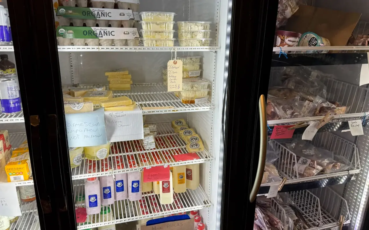 Self-serve dairy fridge at Mermaid Farm in Chilmark