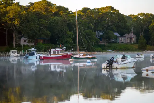 Morning mist over boats moored in the harbor