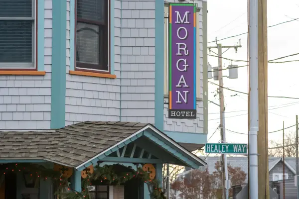 Morgan Hotel sign at the corner of Healey Way
