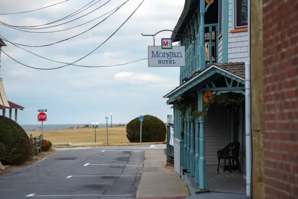 Morgan Hotel porch with the ocean visible down the street