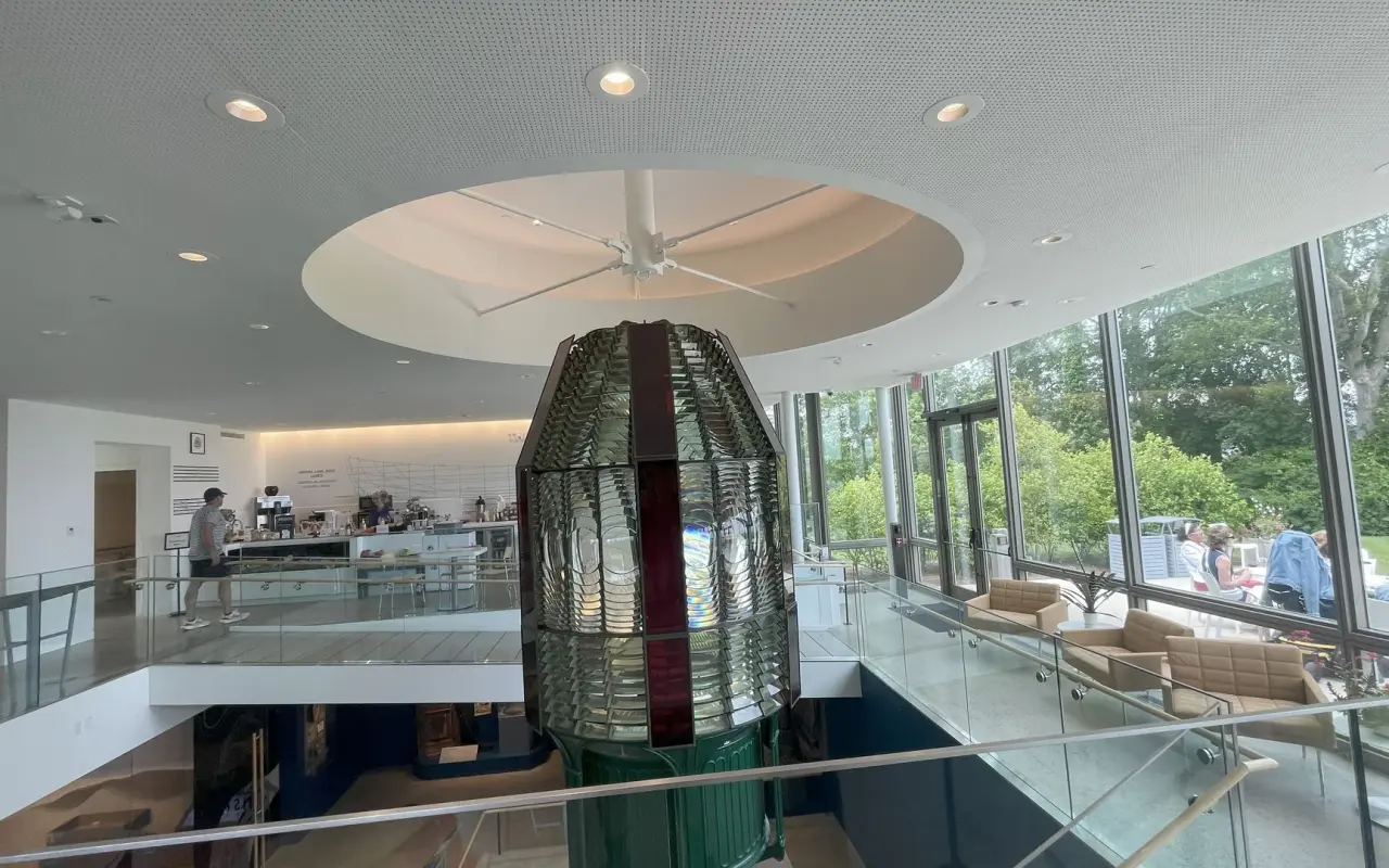 Large lighthouse Fresnel lens displayed inside the Martha's Vineyard Museum
