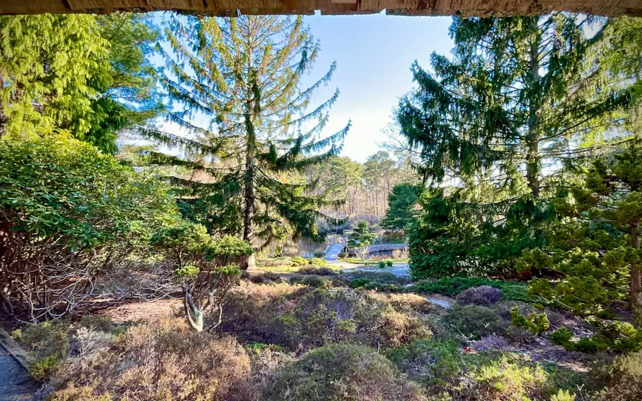 View through the cedar entrance gate into Mytoi Garden on Chappaquiddick