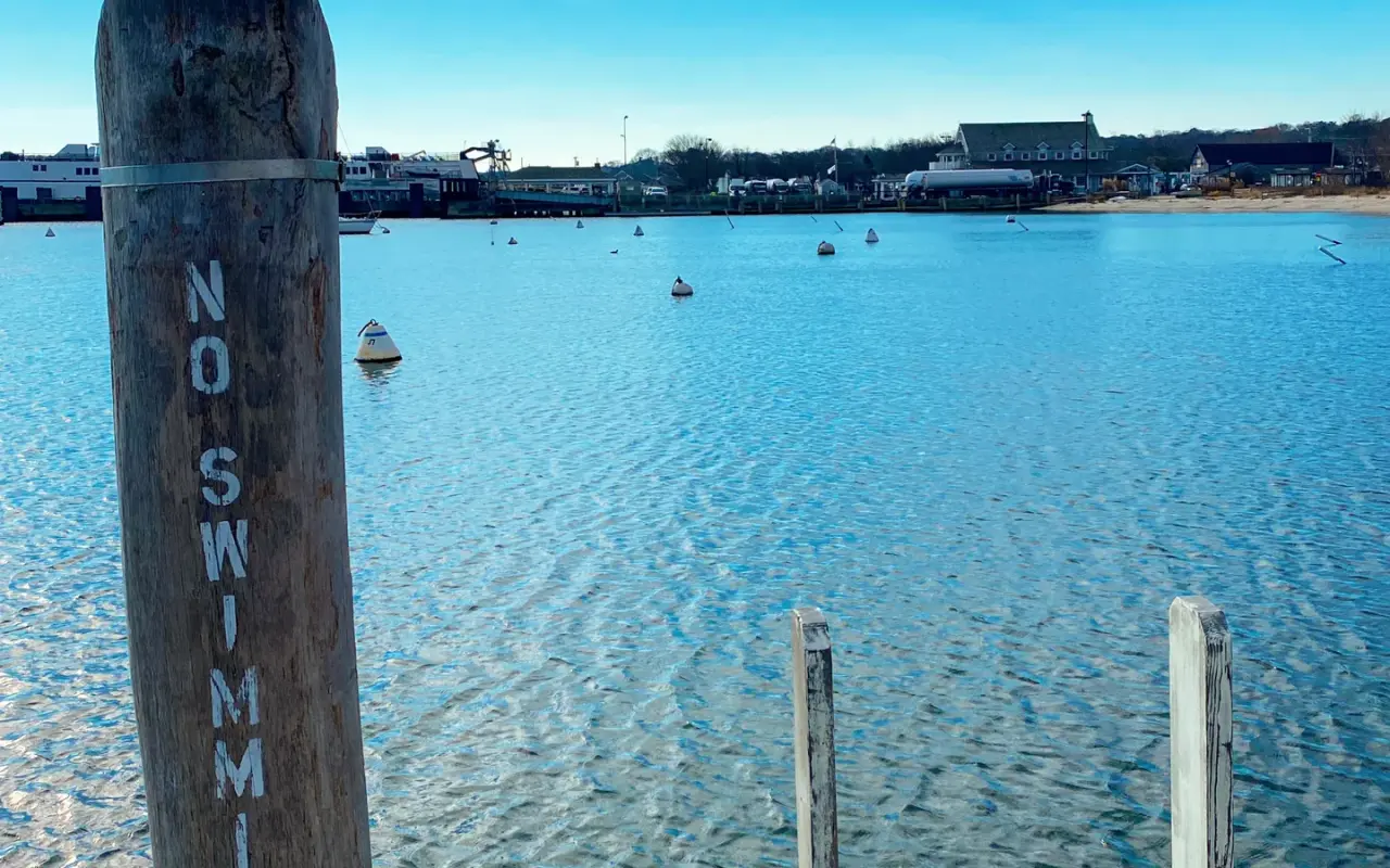 Wooden post stencilled No Swimming on the edge of Vineyard Haven Harbor