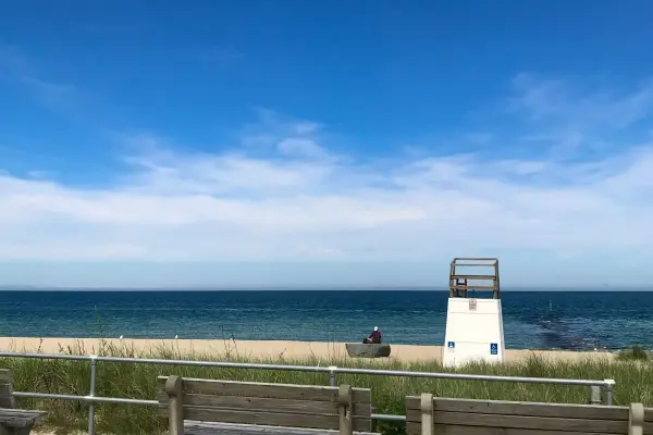 Lifeguard stand on a quiet Oak Bluffs town beach