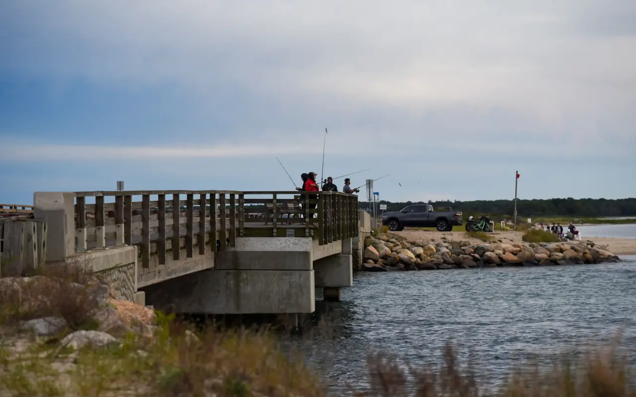 Fishing in Oak Bluffs with scenic harbor backdrop