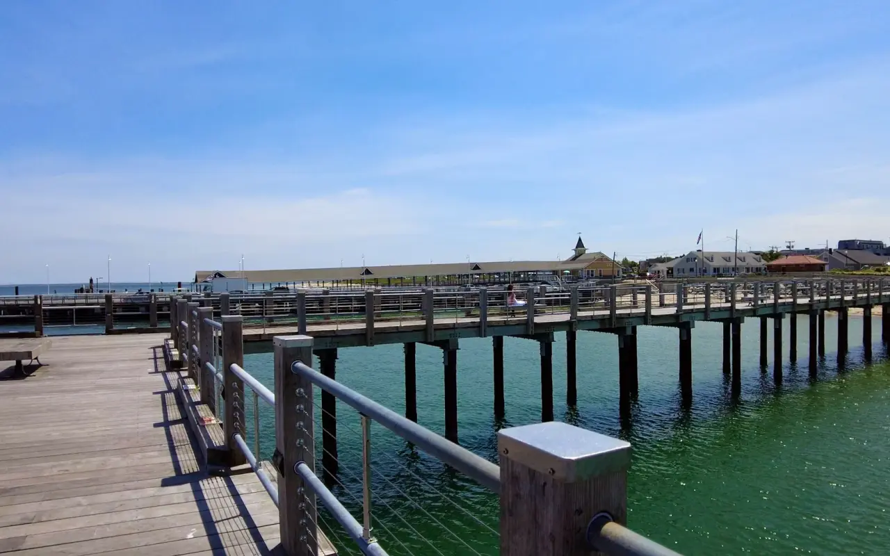A wooden pier with metal cable railings standing on pilings over green water, low waterfront buildings with a small cupola in the distance