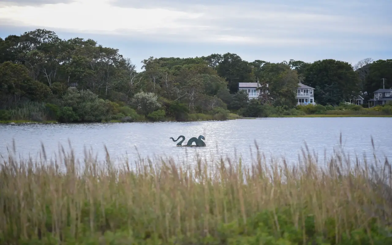 Sea serpent sculpture in Sunset Lake in Oak Bluffs
