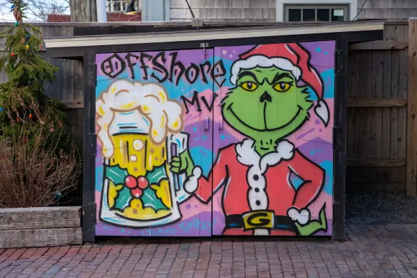 Grinch mural with beer mug painted for Offshore MV