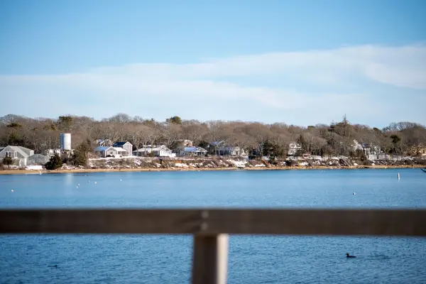 Winter-quiet shoreline seen from the bridge, Oak Bluffs