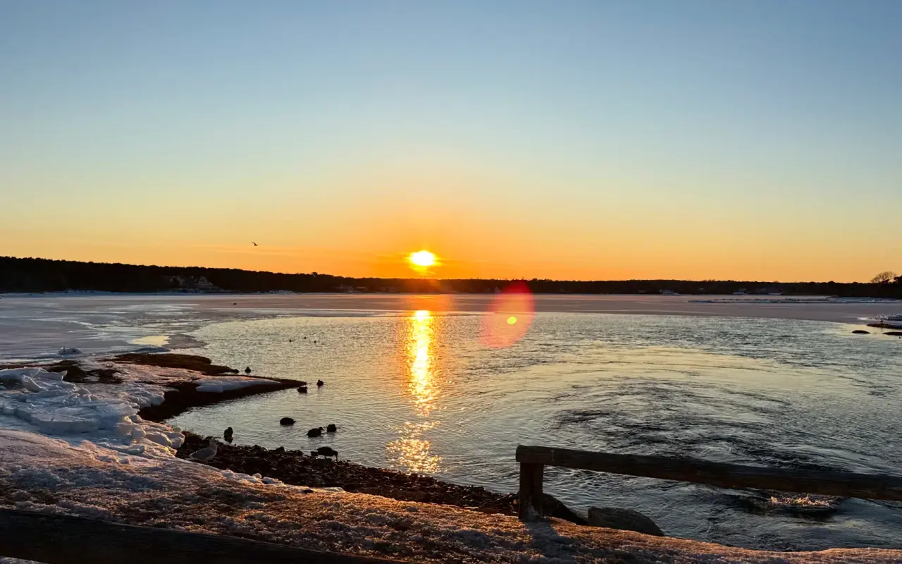 Winter sunset over frozen water in Oak Bluffs with ducks on open water