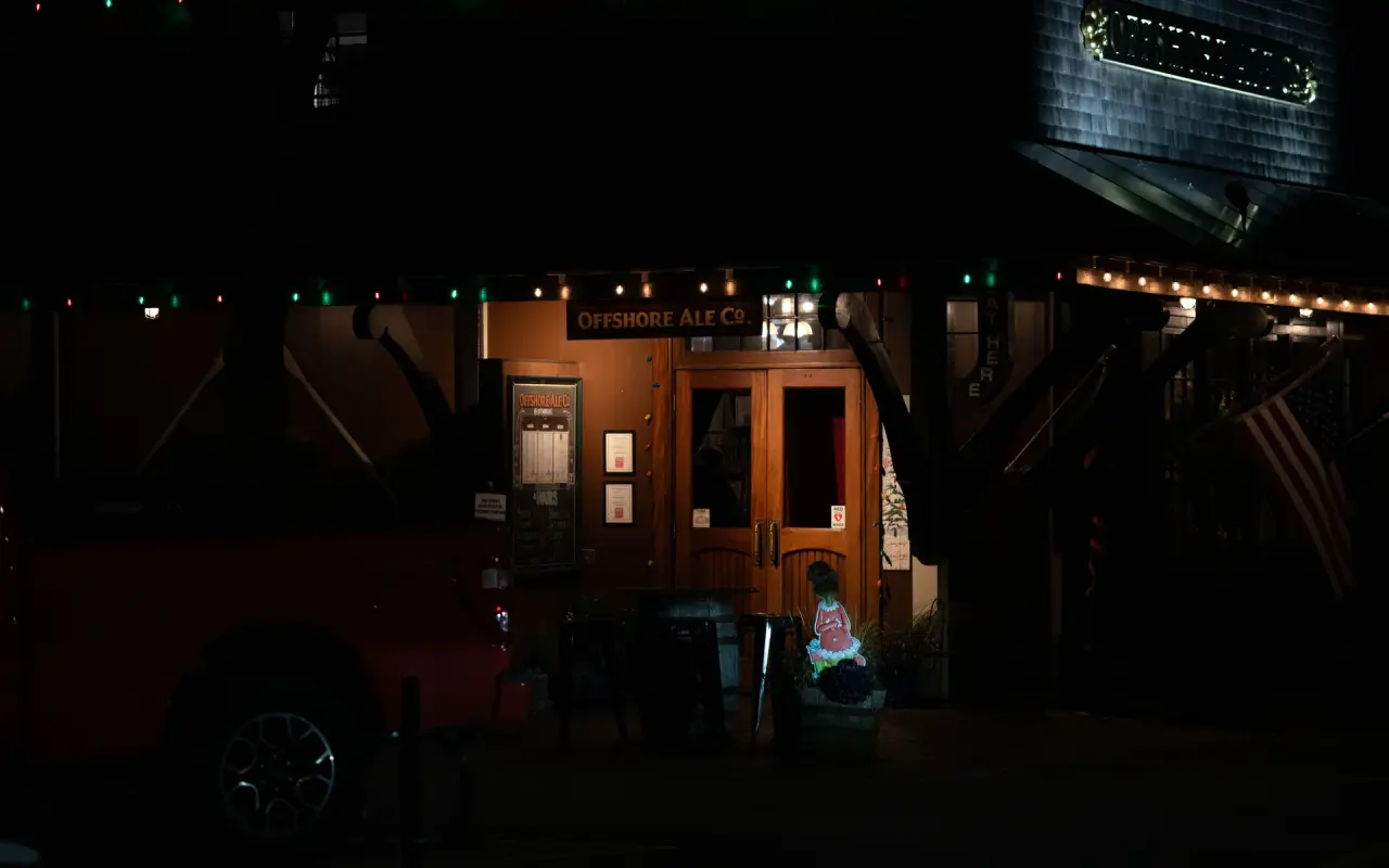 Exterior of Offshore Ale Company in Oak Bluffs at night